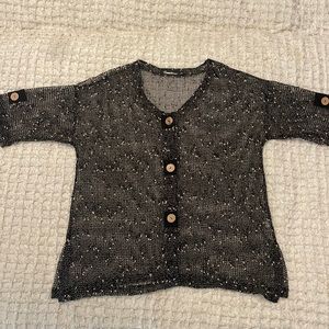 Flattering Shirt Jacket by Creation w Mesh Weave & Coconut  Button Embellishment